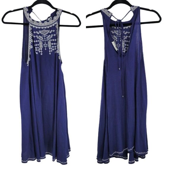 Dress Boho Halter Tie Back Swing Shift Sleeveless Knee Embroidered Navy Sz S - Picture 1 of 9
